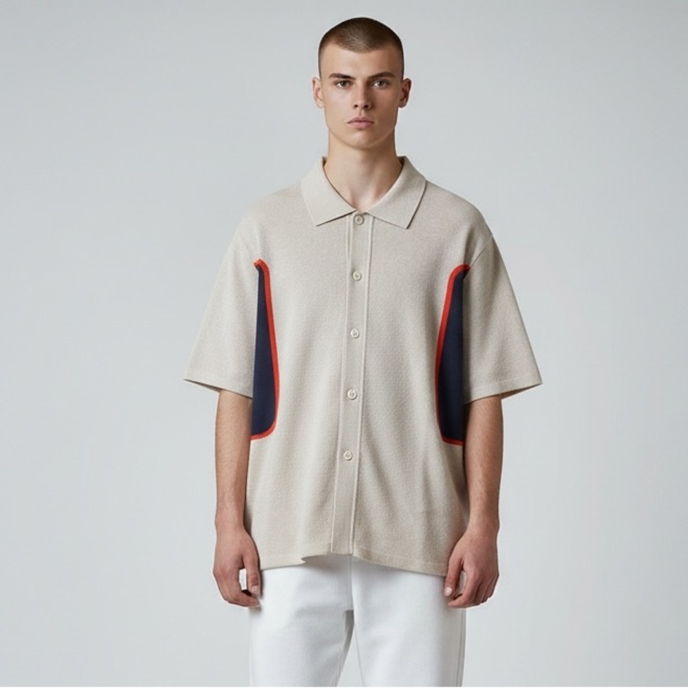 NWT‎ Renowned Boogie Knit Button-Up Shirt Beige Navy Red Men’s Large